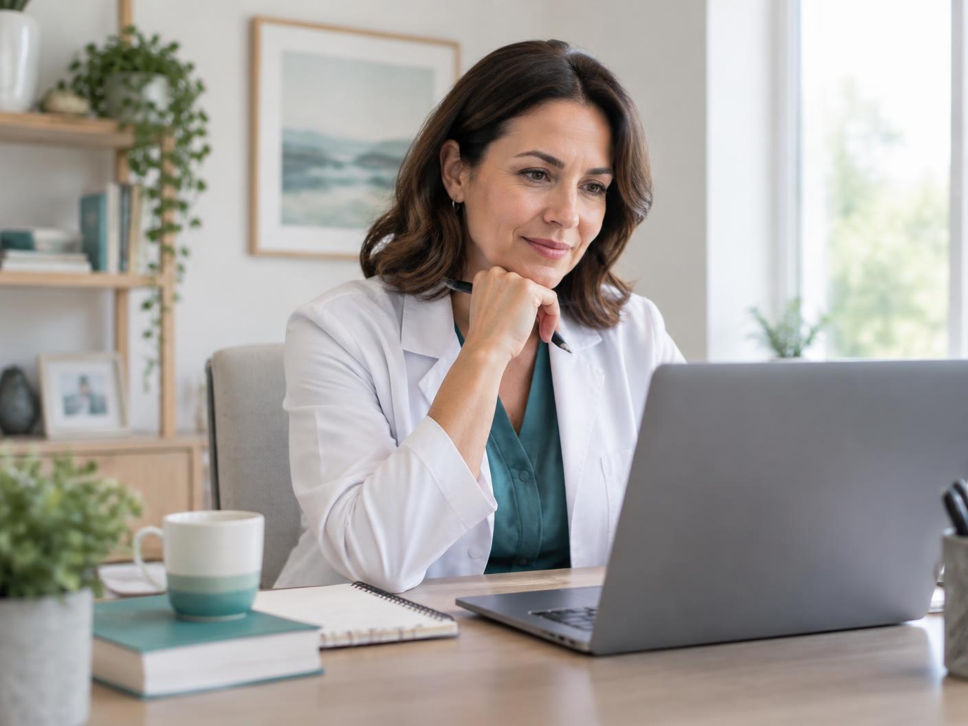 Clinician reviewing a remote consultation from a home office